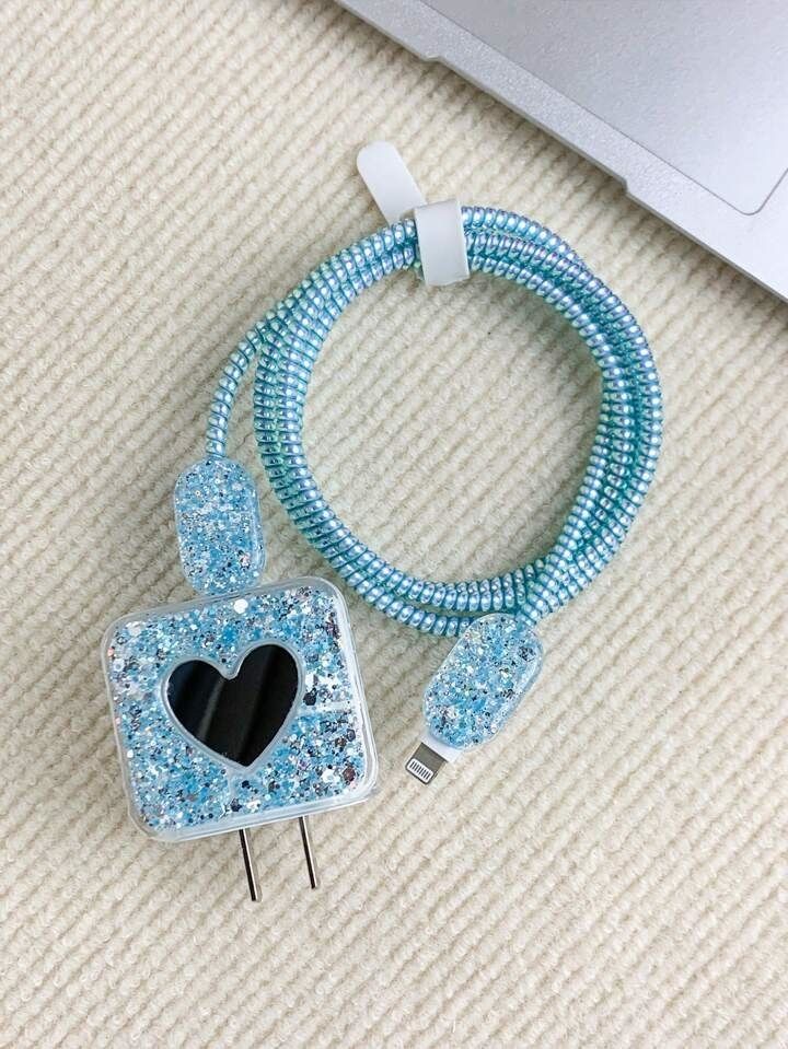 Micvir Charger Cover for iPhone 18W-20W Charger, 3D Cartoon Design Blue Heart, Spiral Cable Protector-picture-11