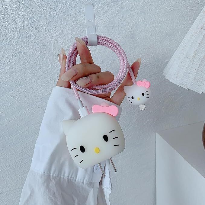 BeeNex Case Cover for iPhone 18W-20W Charger, 3D Cute Design Kitty, Spiral Cable Protector