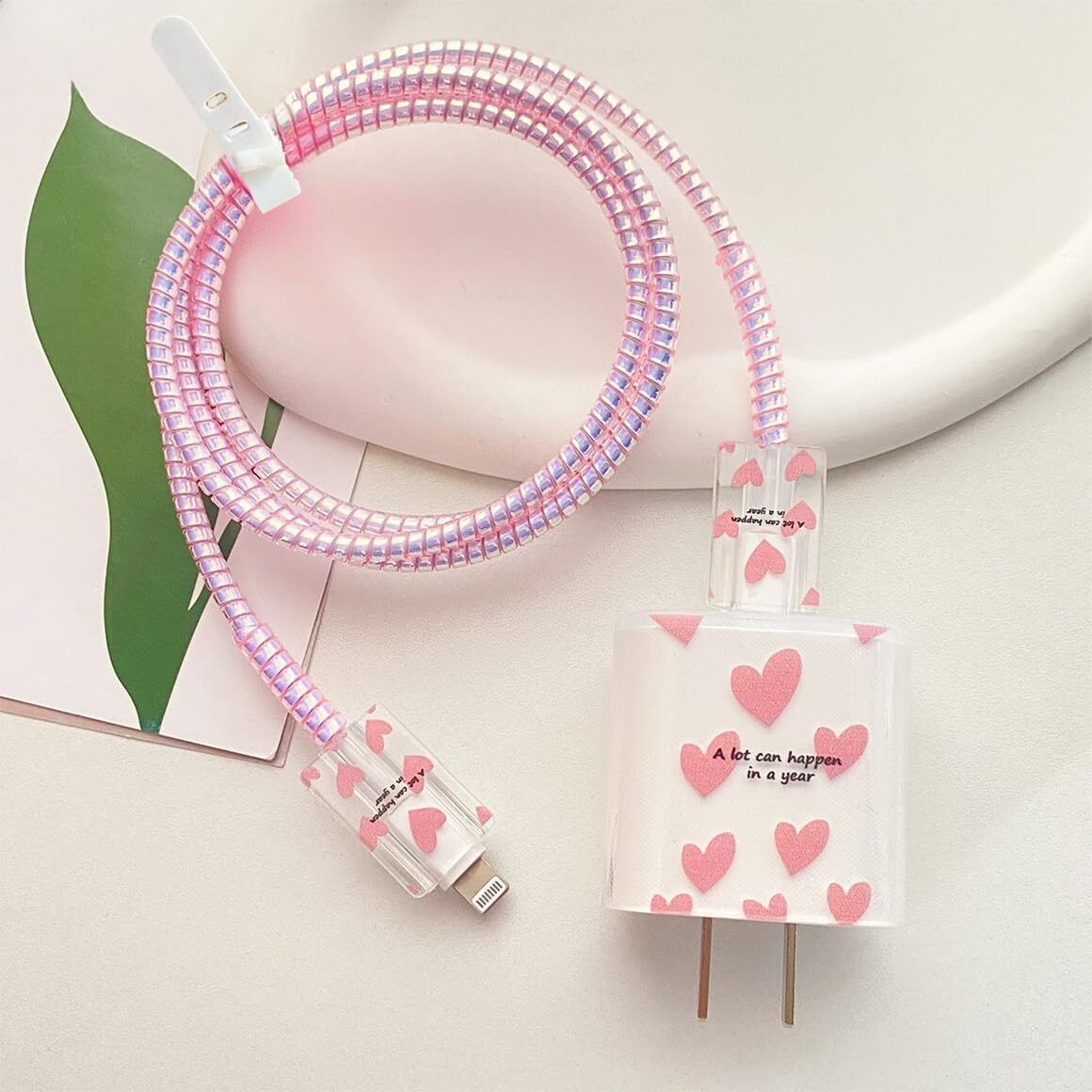 Micvir Chrger Cover for iPhne 18W-20W Charger, 3D Carton Dsign Cute Pink Heart, Spiral Cable Protector-image-36