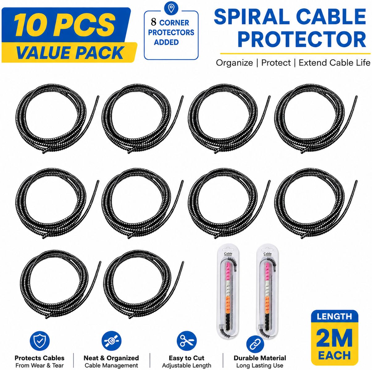 CASECUT 10 Long SPIRAL CABLE PROTECTOR & 8 mini CABLE CORNER PROTECTOR Cable Protector-image-2