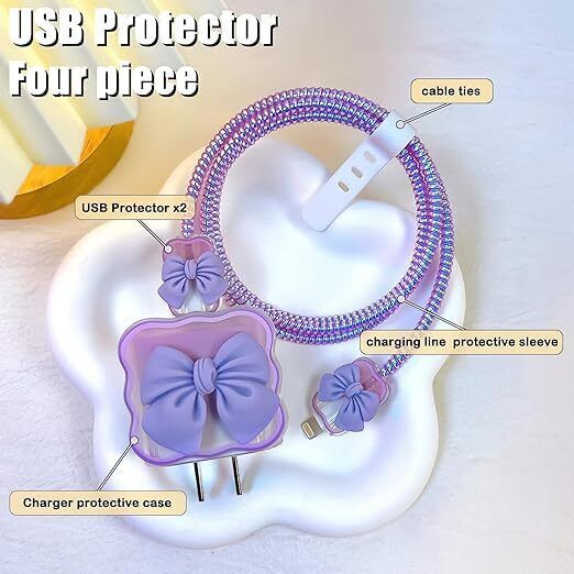 AUDICE iPhone Charger Cover For 18W/20W | Cute Purple Bow Design| Spiral Cable Protector