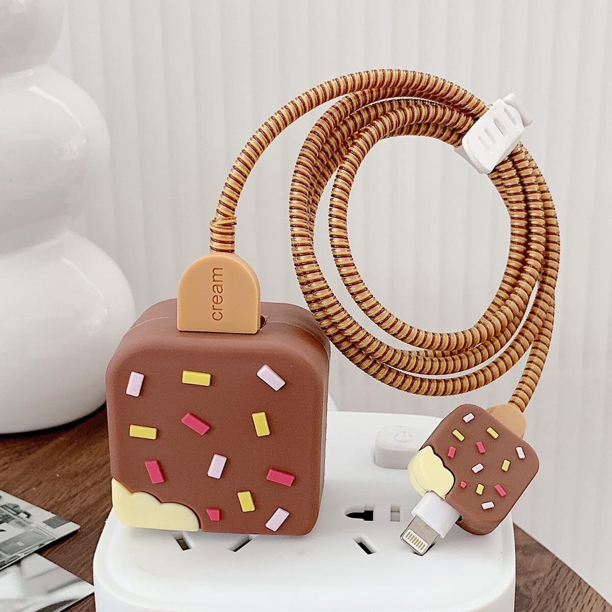 BUYOJO I Phone Charger Cute Ice Cream Silicone Cable Protector Organizer (Brown) Cable Protector-image-42