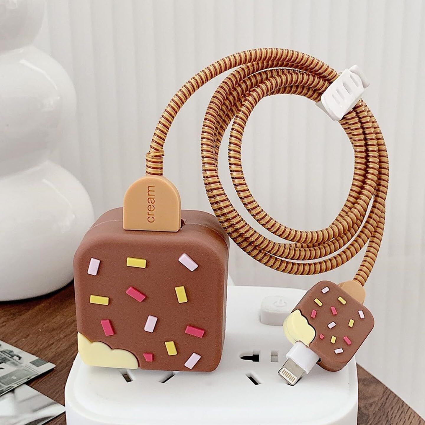 SE GLOBAL Brown IceCream iPhone Charger Case 18W & 20W With Wire Protector Cable Protector-image-32
