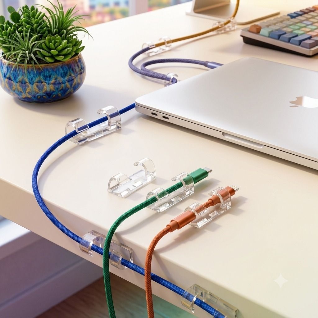 JVS 10 Pcs Strong Adhesive Transparent Cable Clips for Home Office Desk Use Cable Protector-image-9