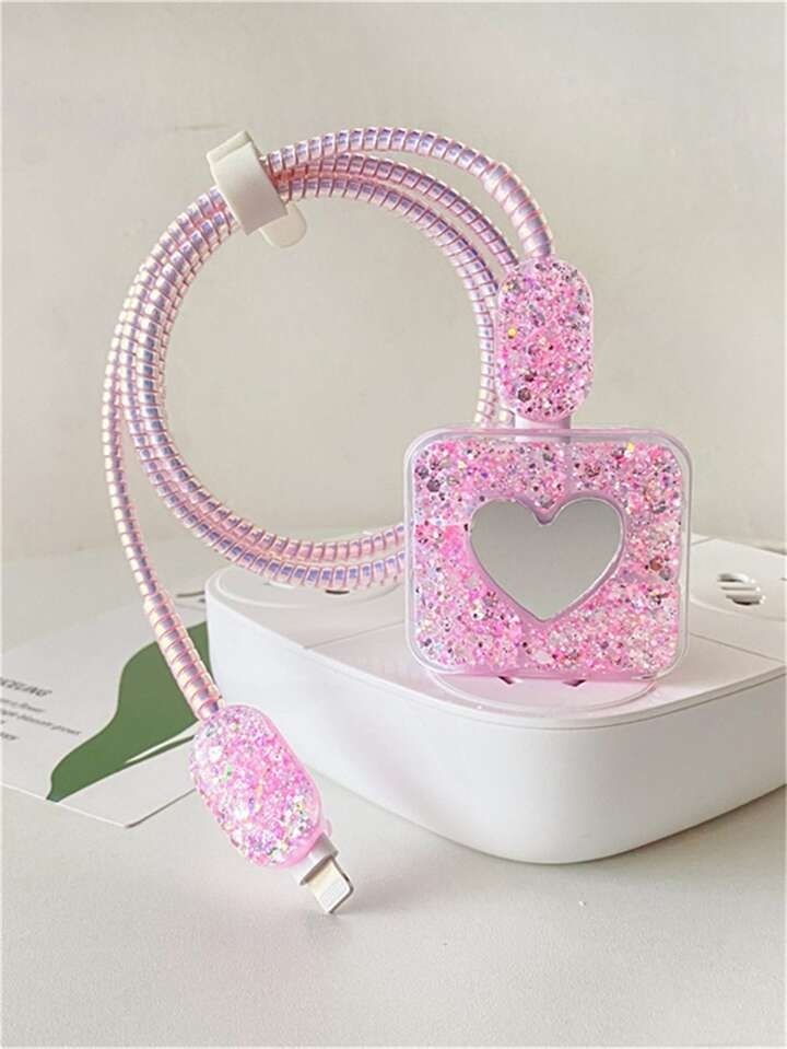 Micvir Charger Cover for iPhone 18W-20W Charger, 3D Cartoon Design Pink Heart, Spiral Cable Protector-picture-18