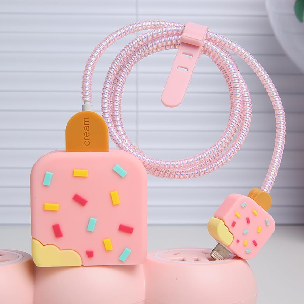 BUYOJO I Phone Charger Cover Cute Pink Ice Cream Silicone Cable Protector Cable Protector-image-45