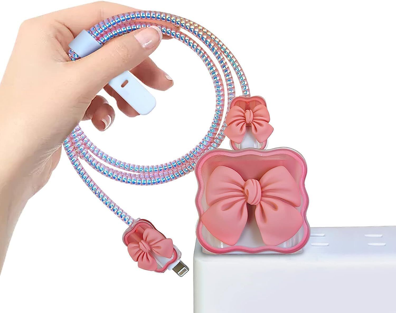 MobieGenie Charger Cover for iPhone 18W/20W Charger, 3D Cartoon Design Pink Bow, Spiral Cable Protector-picture-23