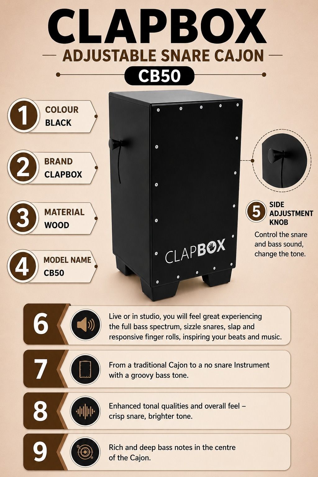 music galaxy CLAPBOX CB50 ADJUSTABLE SNARE CAJON MGMG9 Cajons-picture-27