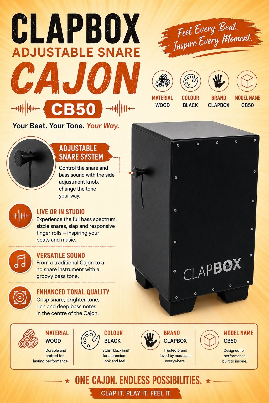 music galaxy CLAPBOX CB50 ADJUSTABLE SNARE CAJON MGMG3 Cajons-picture-22