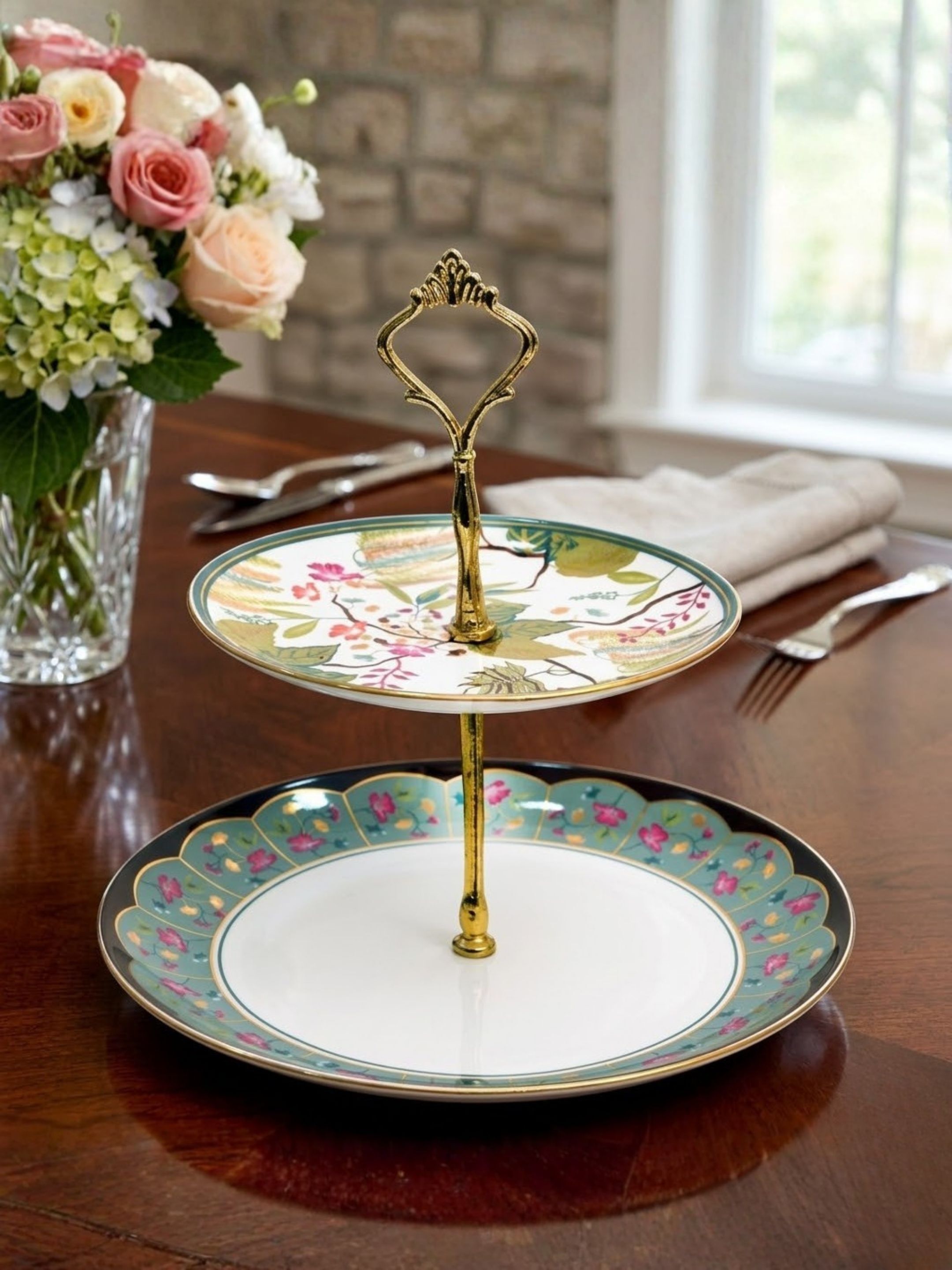 2 Tier Cake Stand Floral Design Ceramic Serving Stand with Gold Handle (LE9) Ceramic Cake Server-image-47