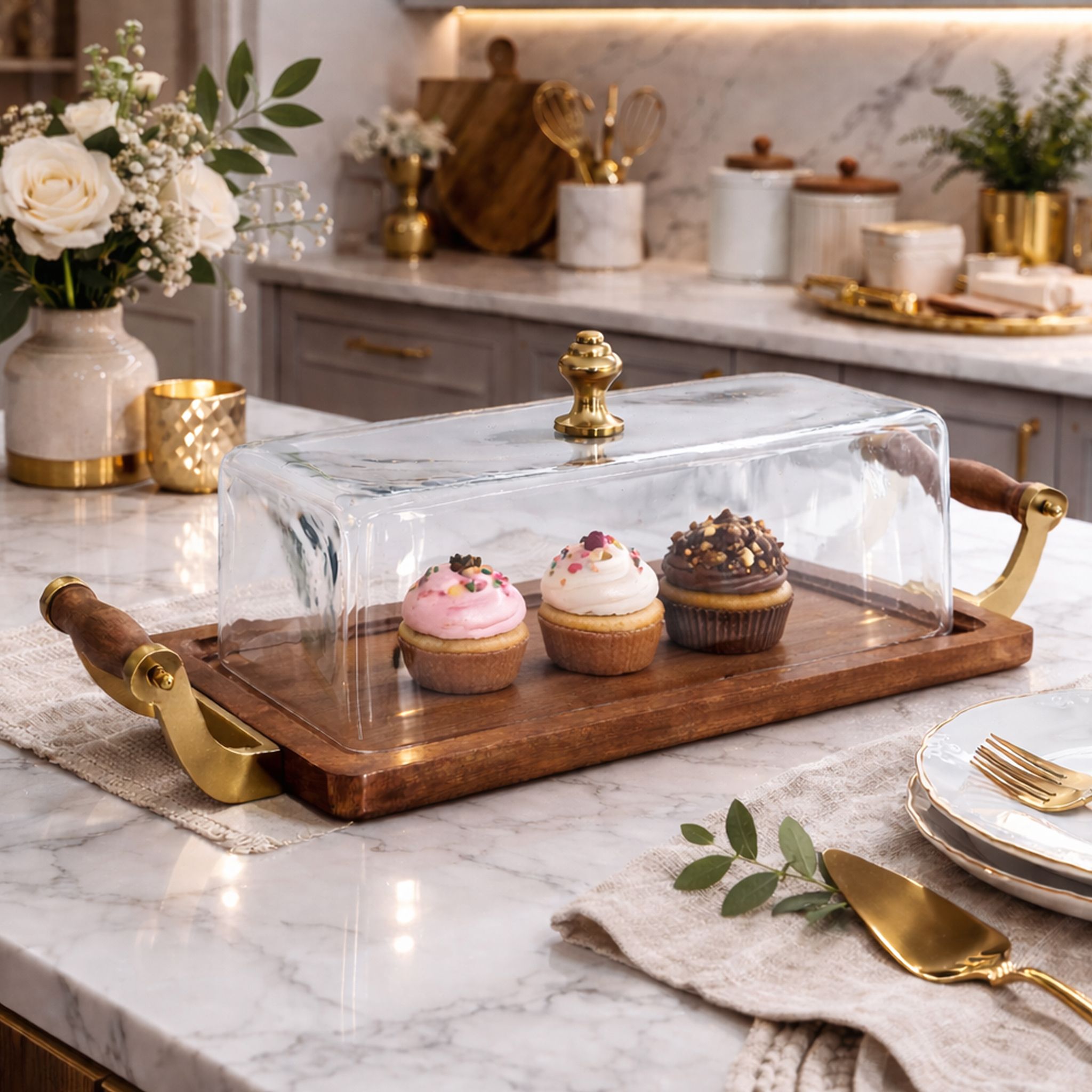 olivenest Eterno Cake Stand Aluminium, Glass, Wooden Cake Server-picture-40