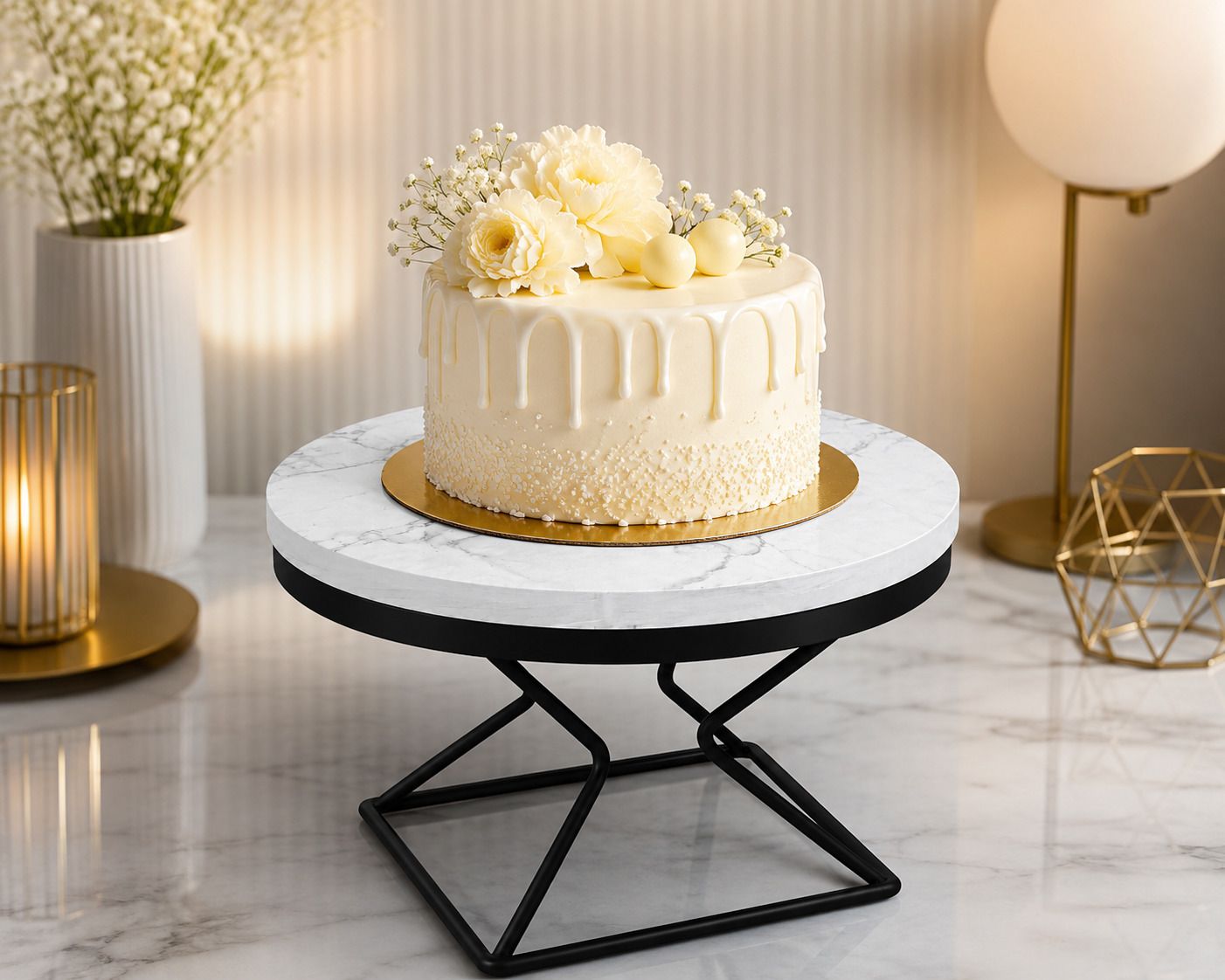 Round Marble Finish Cake Stand with Black Metal Base | Modern Display stand Iron, Wooden Cake Server-image-46
