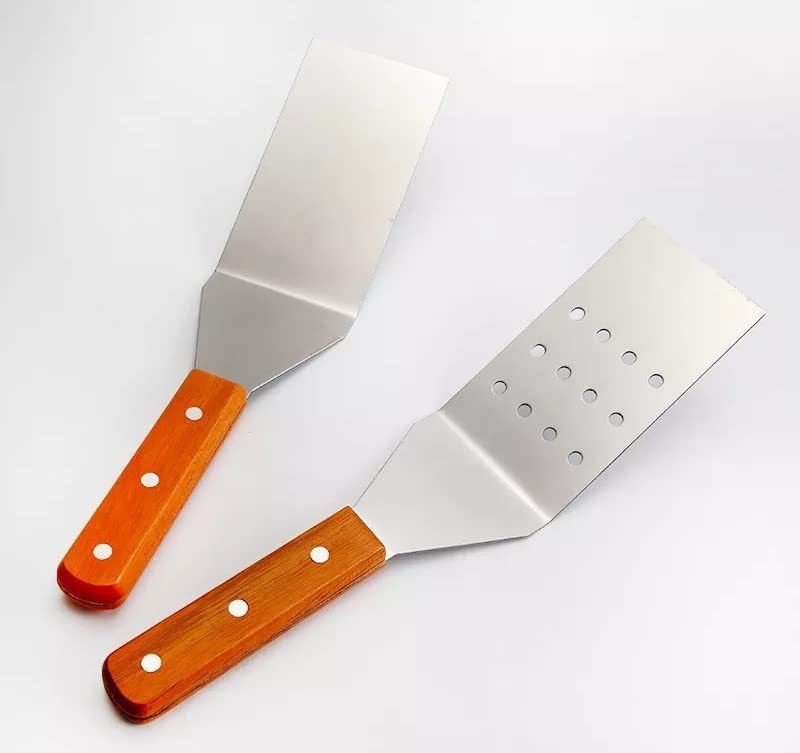 shoppershub pnq 2 Piece Set Wooden Handle Pizza Lifter Set - 1 With Holes and 1 Without Holes Stainless Steel Cake Server-picture-27