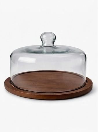 homesthetics Clear Glass Cloche Dome Lid with Elegant Wooden Base Platter Set Wooden, Glass Cake Server-picture-26