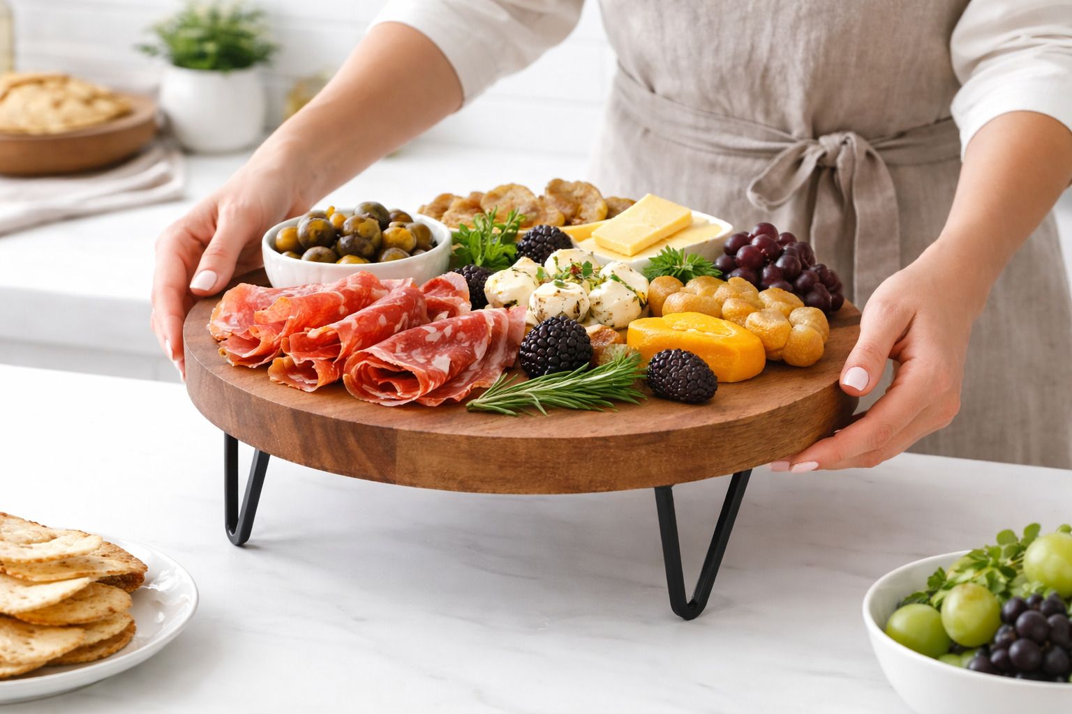 aanya home craft Acacia Wooden Large Round Cake Stand | Pizza Stand & Charcuterie Board Wooden Cake Server-picture-42