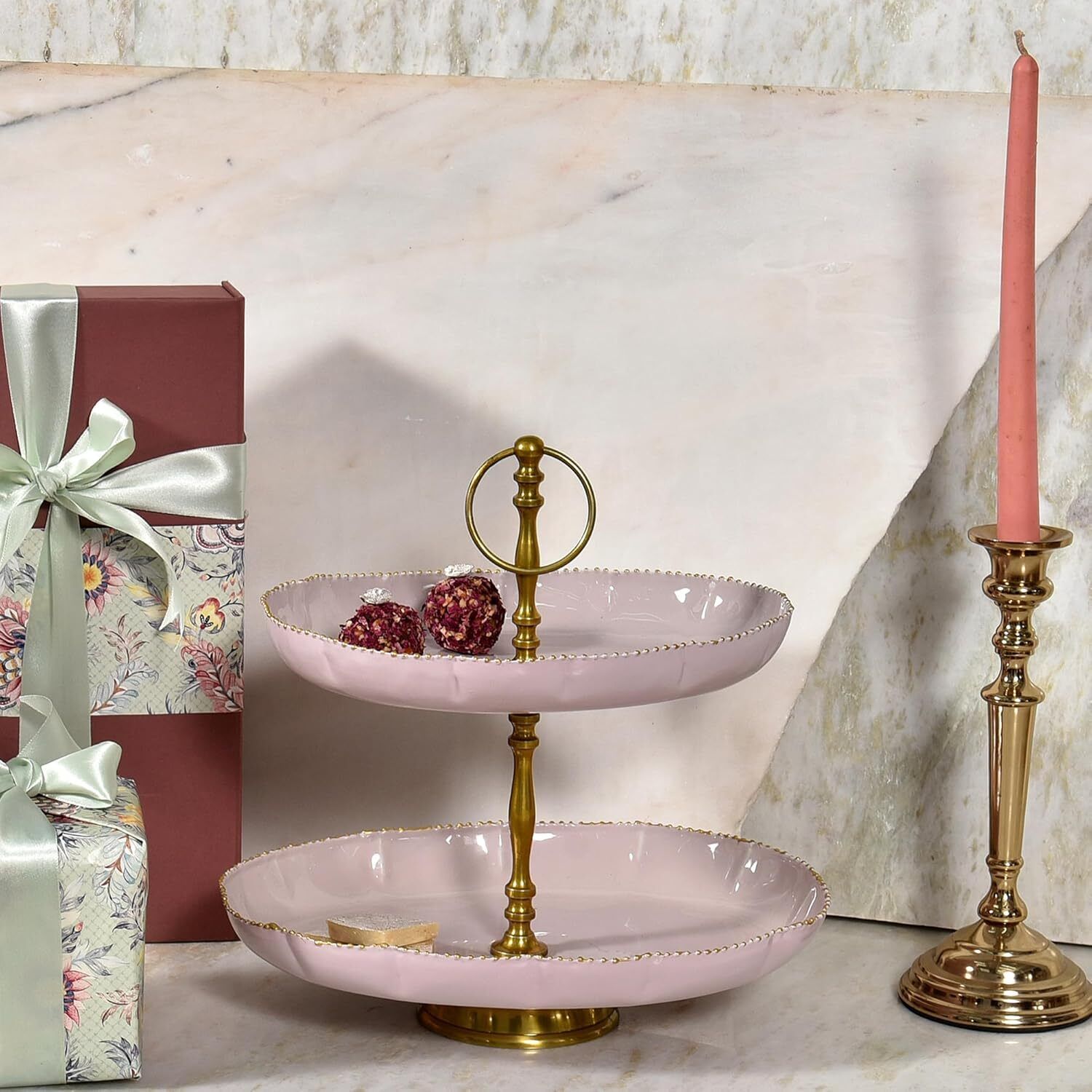 elan Kesar 2-Tier Cake Stand Metal Dessert & Cupcake Stand for Weddings (Nude, Gold) Stainless Steel Cake Server-picture-10