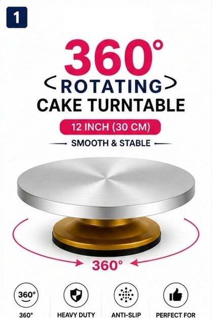 upik 360 Degree Rotating Aluminium Top Cake Turntable 12 Inch Aluminium, Polypropylene Cake Server-picture-37