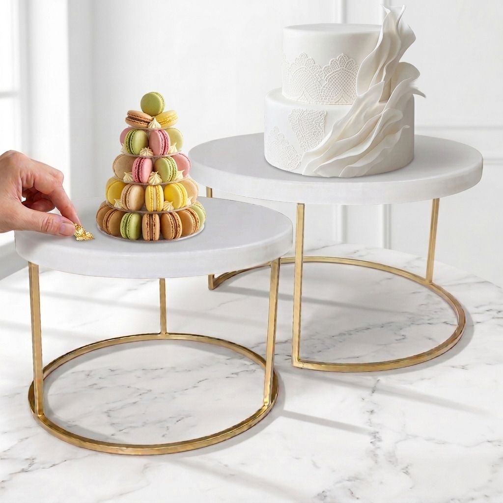 qadr craft Elegant Nesting Cake Stand Set of 2 | Metal Gold & White Dessert Display Stand Iron Cake Server-picture-43