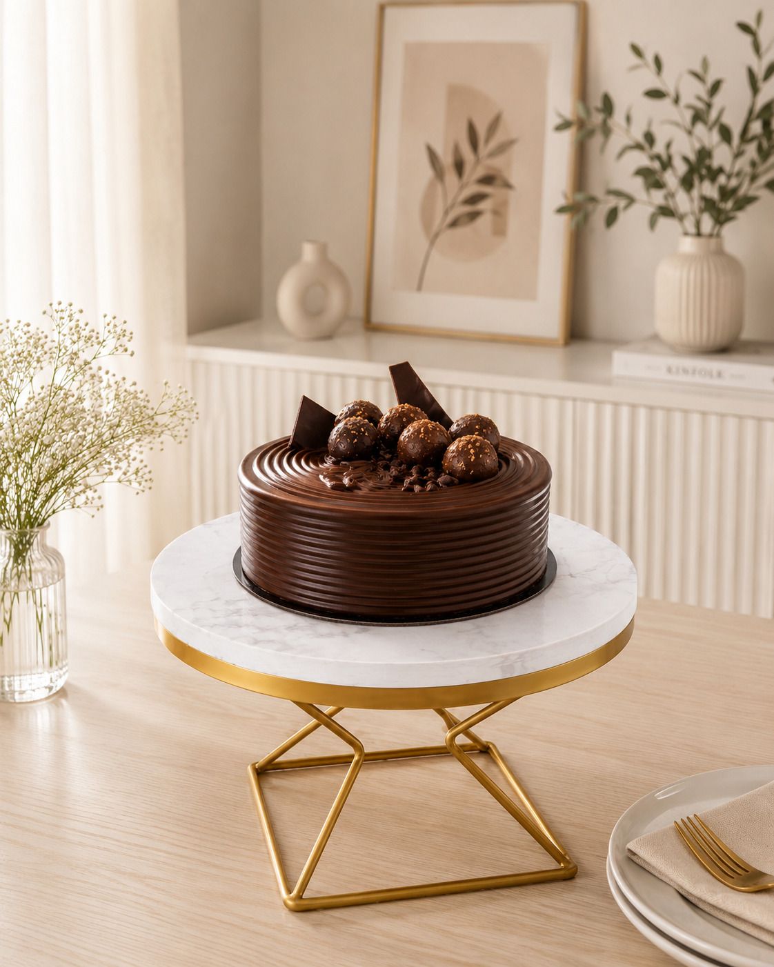 Round Wooden Cake Stand with Marble Finish & Gold Metal Base Iron, Wooden Cake Server-image-24