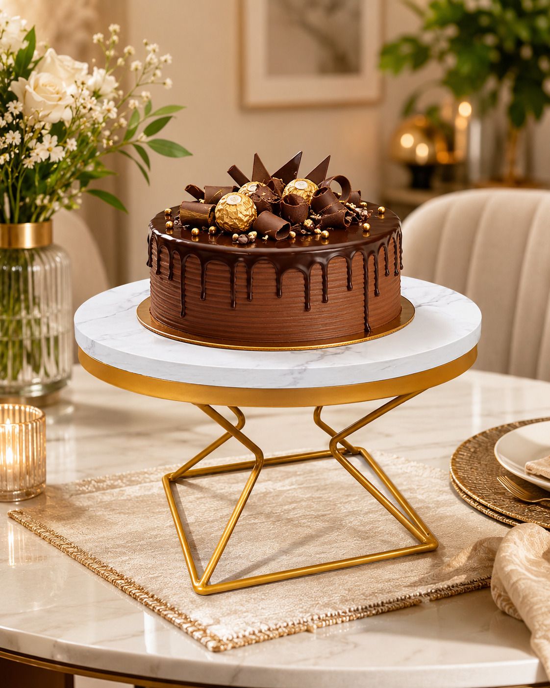 Luxur Finish Round Cake Stand with Gold Iron Base | Decorative Display Stand Iron, Wooden Cake Server-image-25