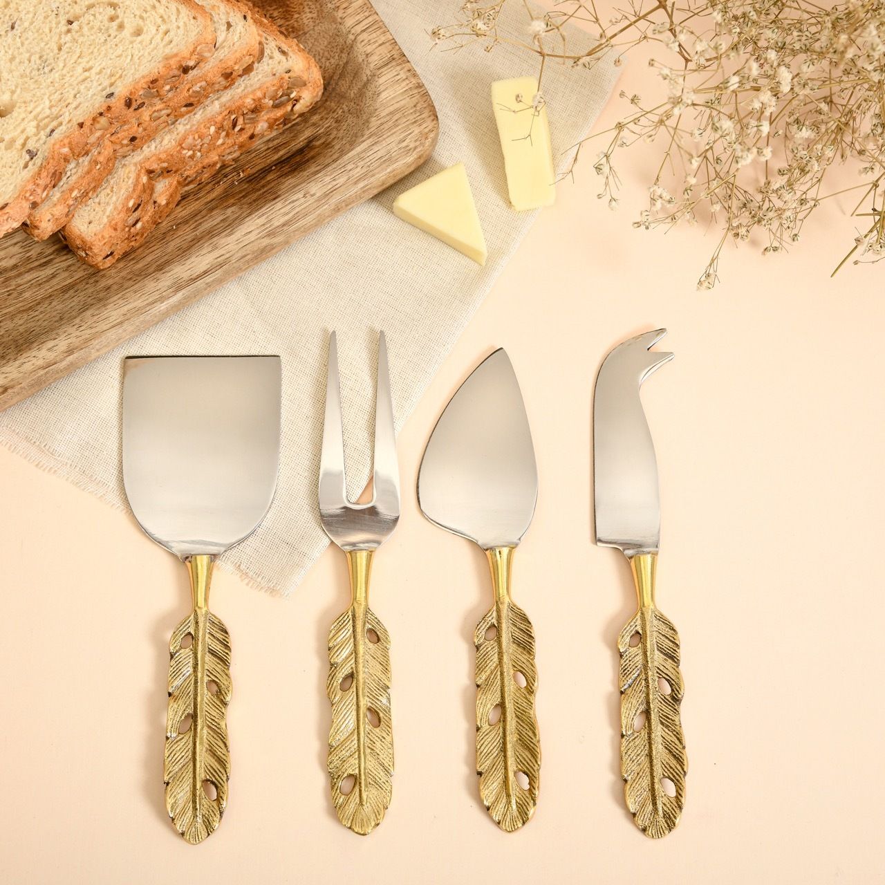 pravaah Punkh Cheese Knife Set Brass Cake Server-picture-18