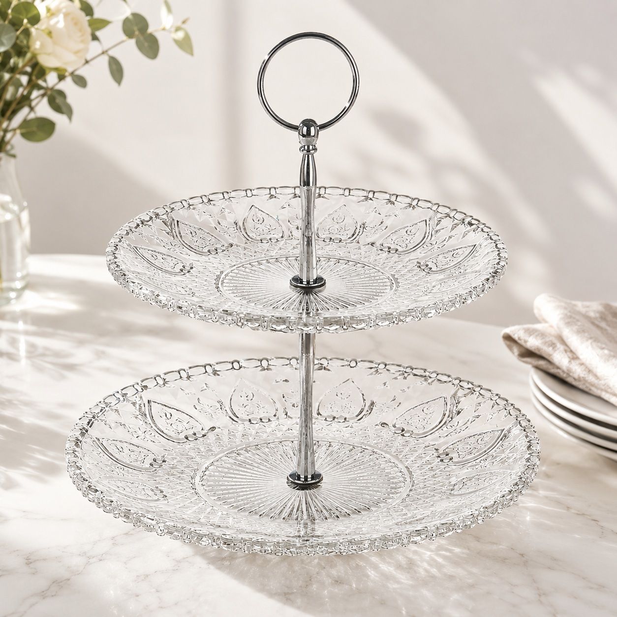 indusbay 2-Tier Carved Glass Cake Stand Premium Round Dessert Display Holder Glass Cake Server-picture-11