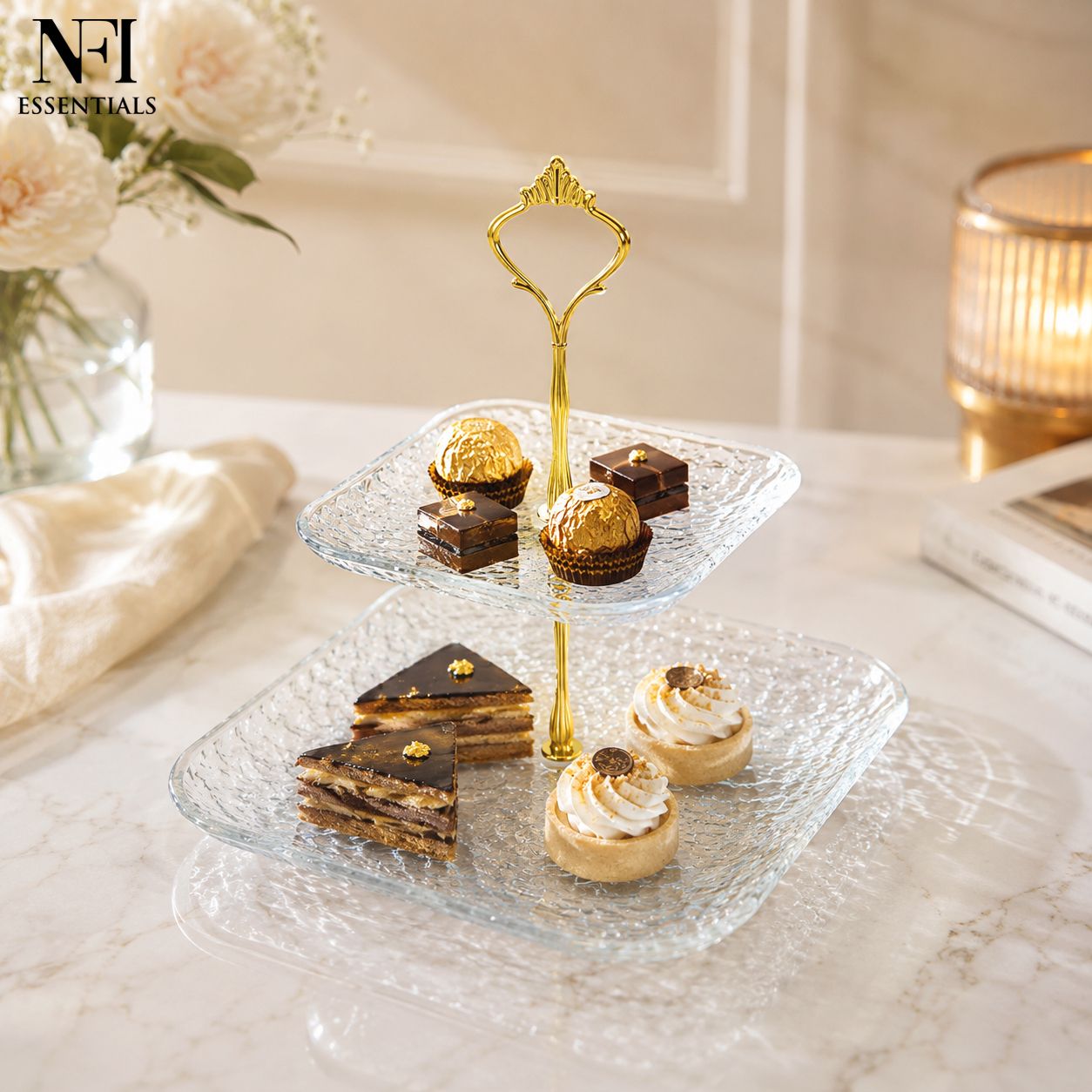 nfi essentials Premium 2-Tier Glass Cake Stand & Dessert Display Tower, Serving Stand Glass Cake Server-picture-21