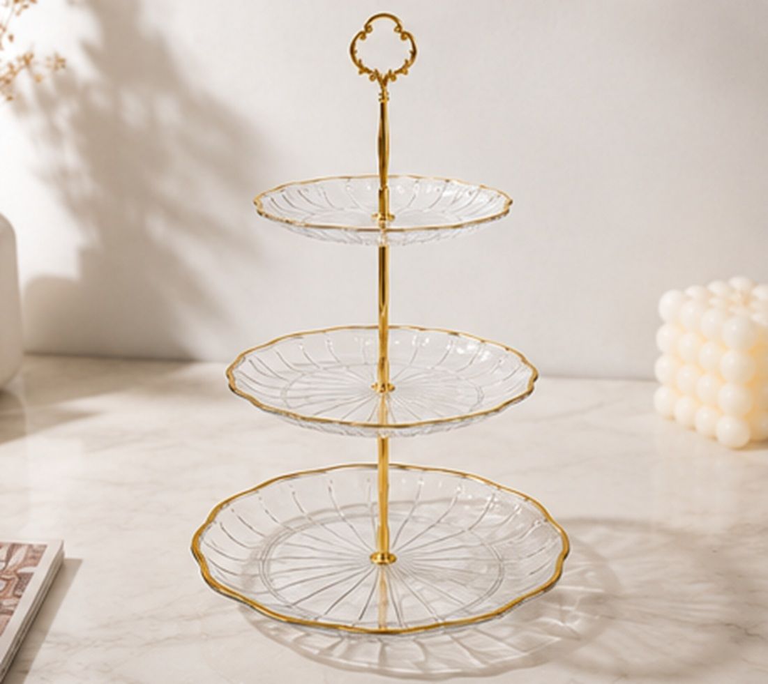 indusbay 3 Tier Dessert Cake Stand with Gold Metal Handle Premium Clear Pie Serving Tray Polypropylene Cake Server-picture-20