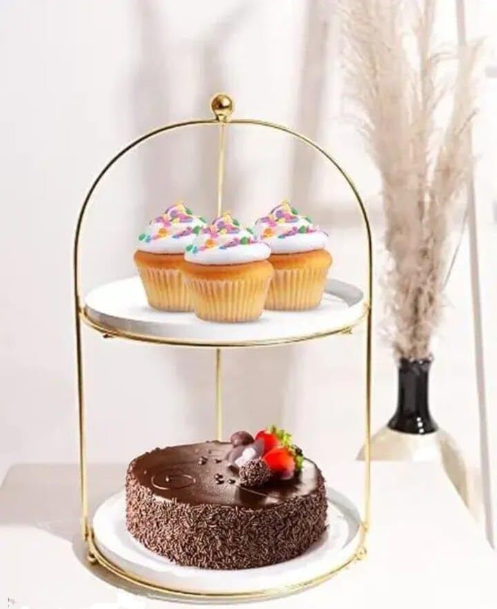12.5 Inch Metal Two-Tier Cake Stand Snack Platter – White and Gold Iron Cake Server