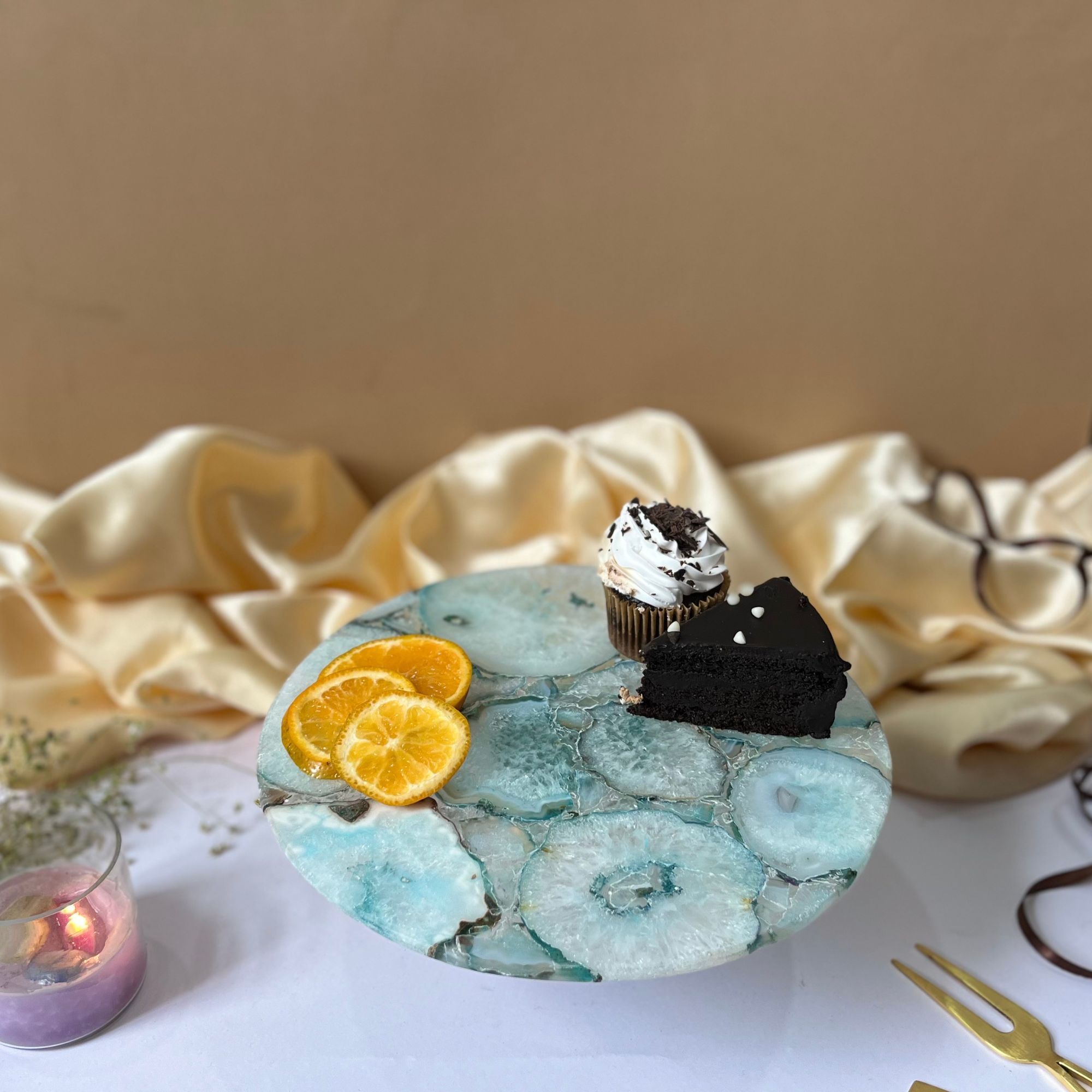 10 inch Agate Cake Server with Wood Stand Stoneware Cake Server-image-48