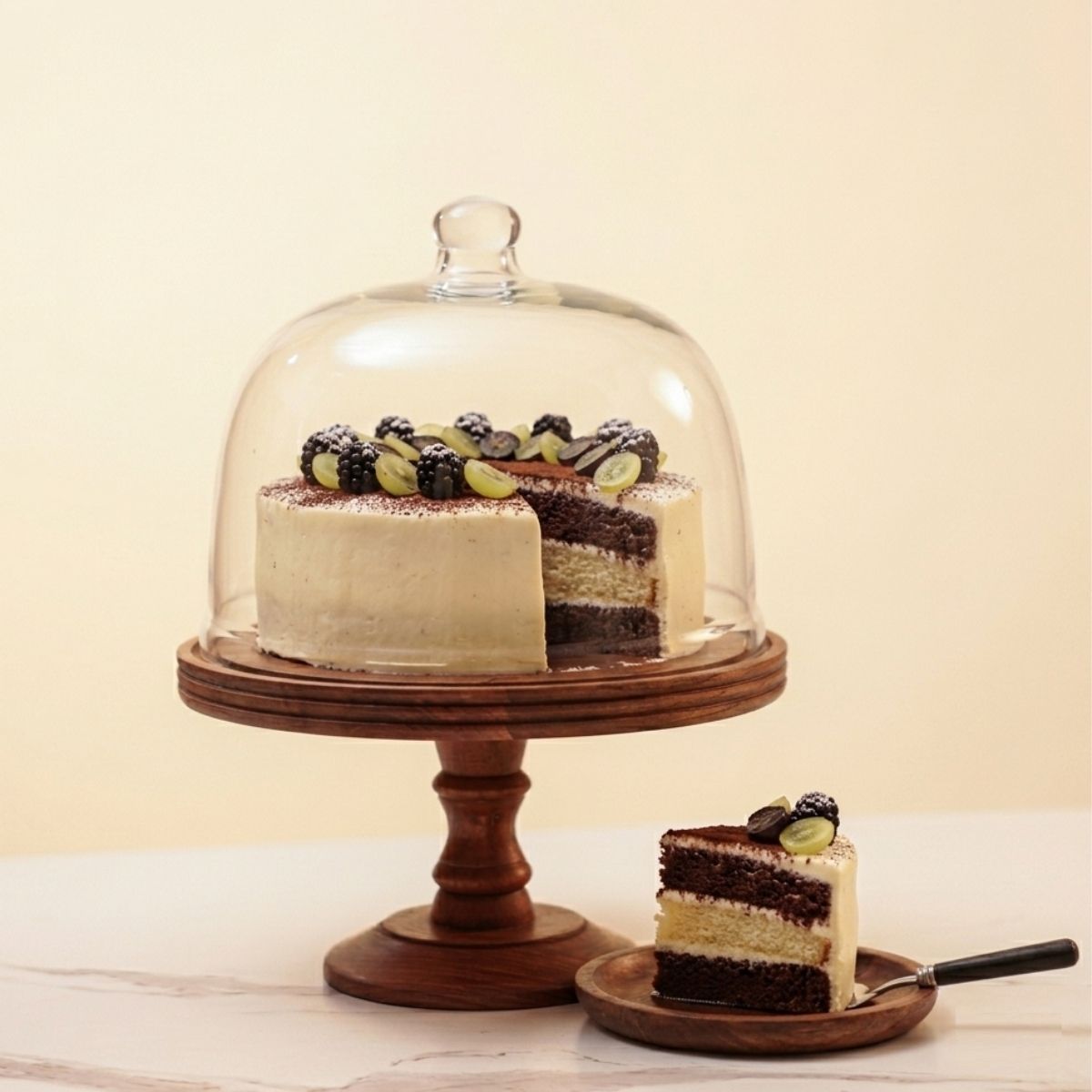 ireka homes Party Bell Acacia Wood Cake Stand with Glass Dome Glass, Wooden Cake Server-picture-26