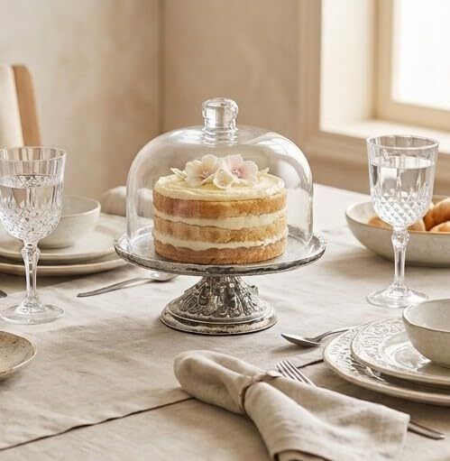 homesthetics Antique Silver Pedestal with Crystal Clear Glass Cloche Lid Iron, Glass Cake Server-picture-45