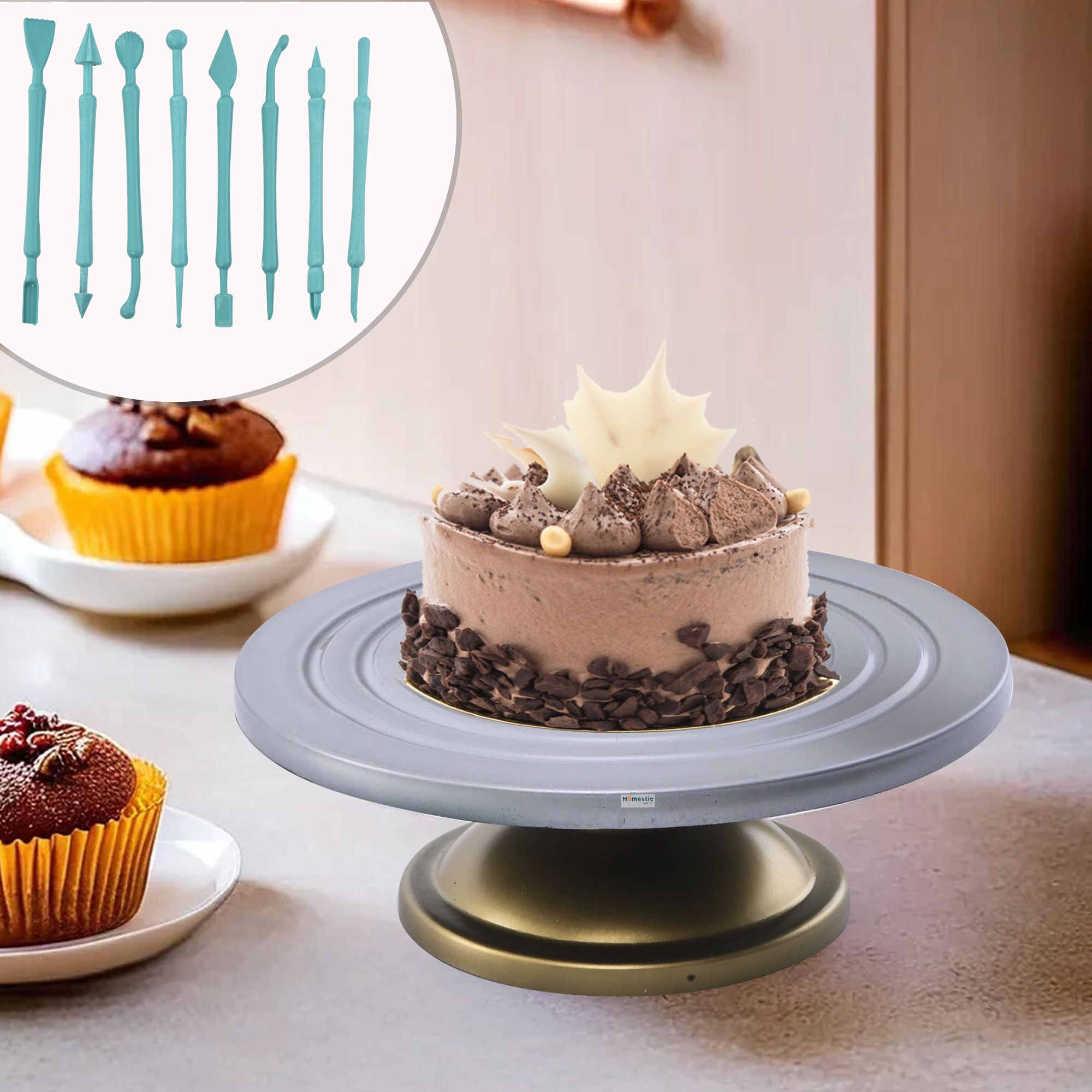 homestic Plastic 360° Smooth Rotating Cake Stand with 8 Fondant Sticks | Silver & Gold Silver Cake Server-picture-41
