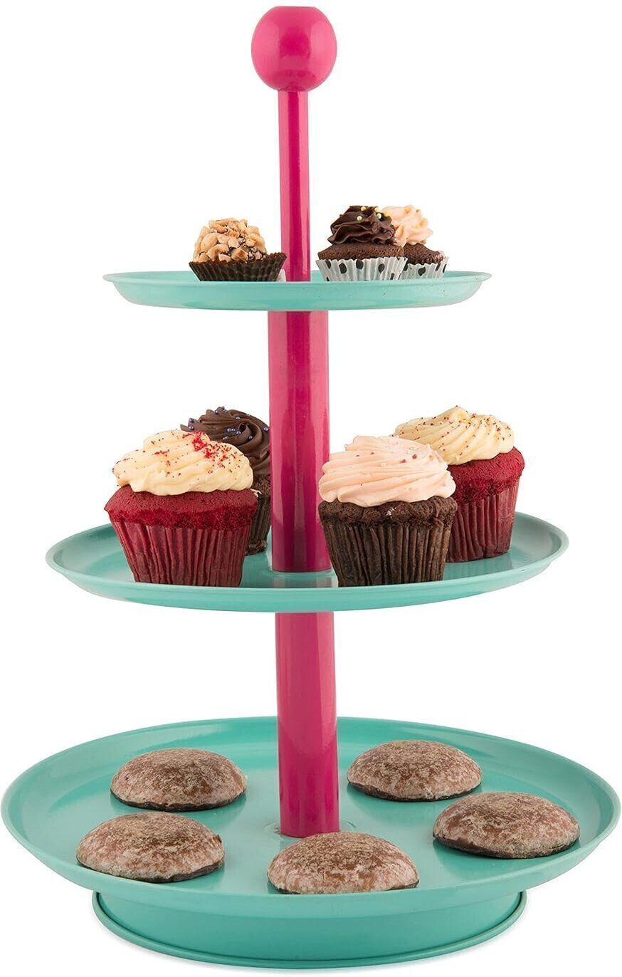 Knob 3 Tier Cake Cupcake Stand Aqua and Rubine Pink Stainless Steel Cake Server-image-14