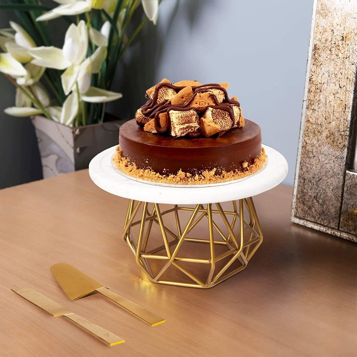 jyotis Multipurpose Metal Cupcake Stand Geometric Stand, White Round Top, Gold Base Cast Iron Cake Server-picture-15