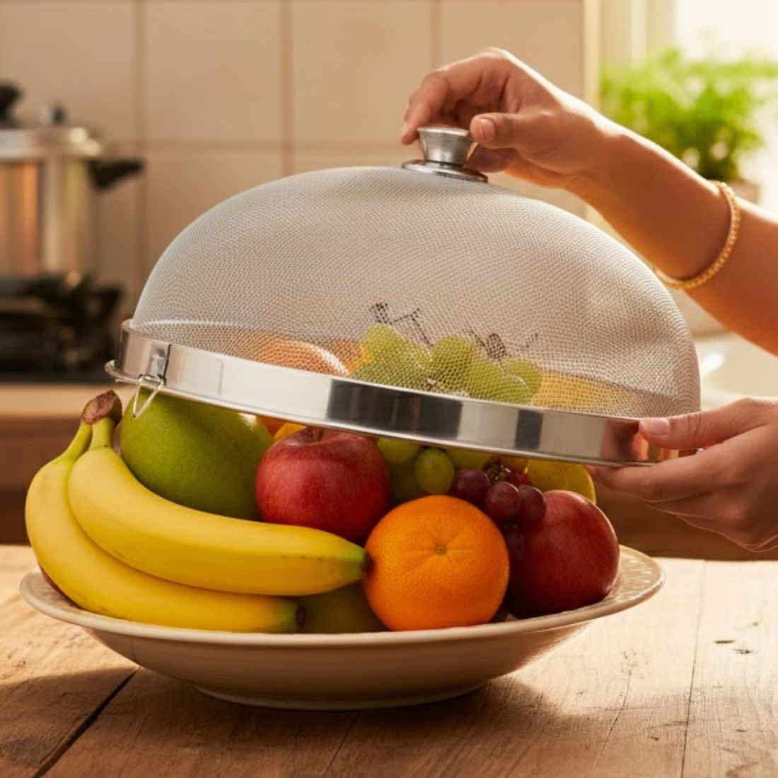 ferohome 9 Inch Stainless Steel Dome Food Cover for Fruits Vegetables Roti Chapati Stainless Steel Cake Server-picture-18
