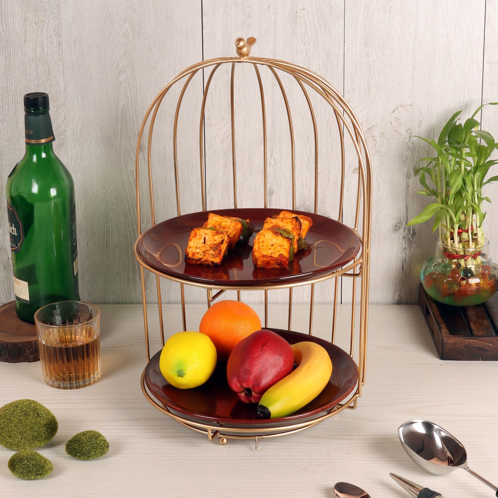 amaya decors Two Layer Cage Ceramic Platter with Maroon Plates Iron Cake Server-picture-27