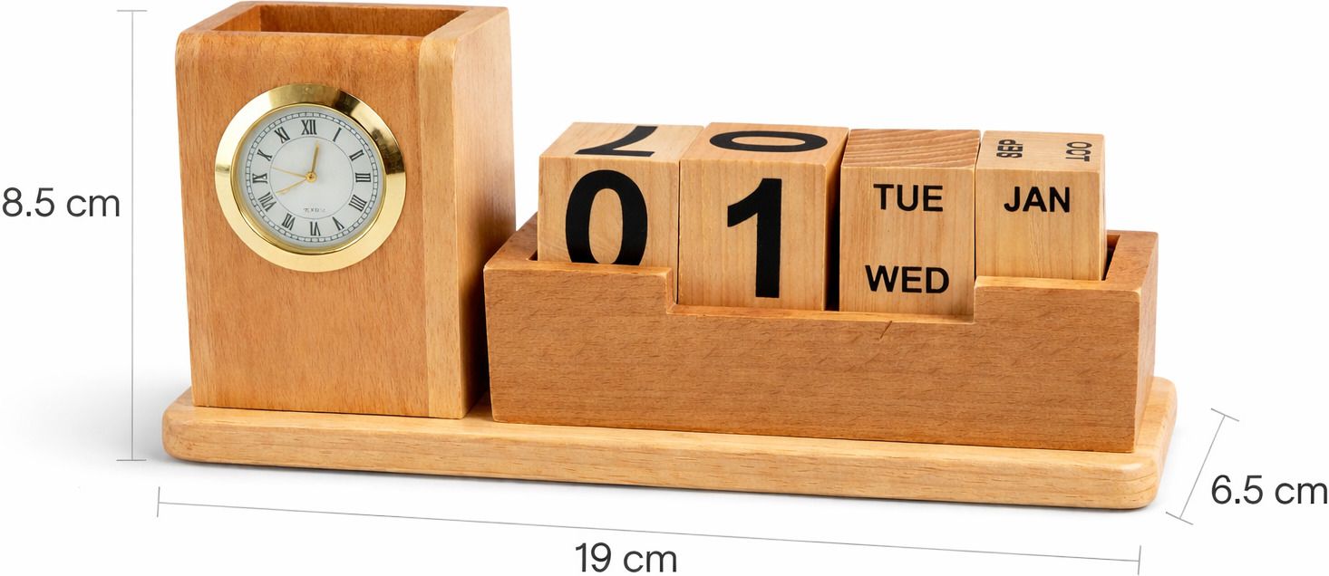 Wooden Calendar with Analog Desk Clock | Wooden Table Clock for Office Home 2001-2099 Table Calendar-image-36