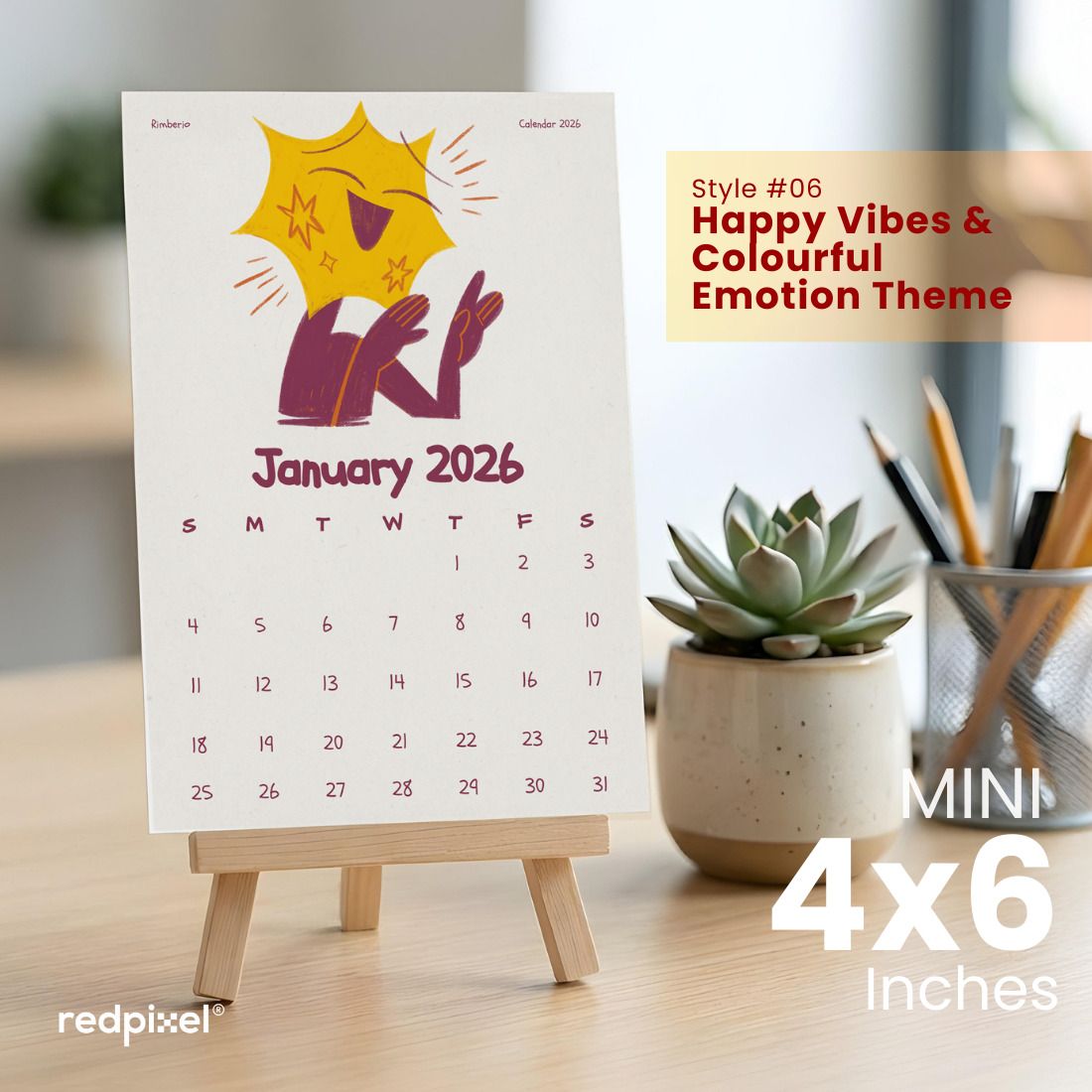redpixel Happy Vibes & Colourful Emotions Desk Calendar with Wooden Easel Stand , Style04 2026 Table Calendar-picture-17