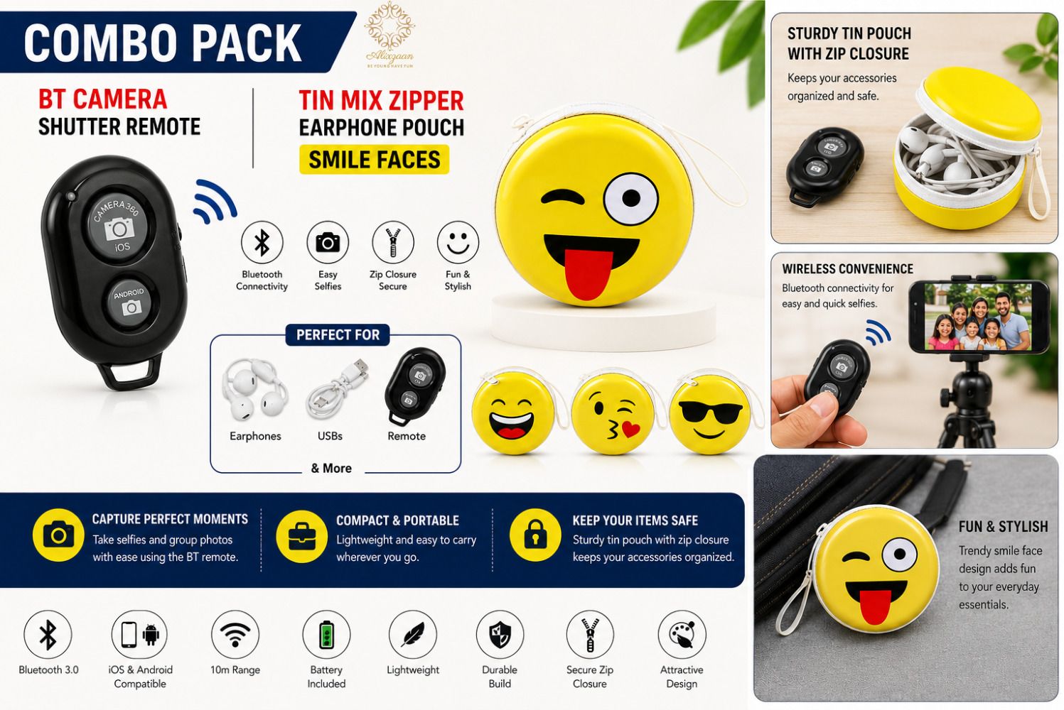 Alixzaan BT Camera Shutter Remote + Emoji Zipper Storage Pouch Combo Pack & USB Organizer Camera Remote Control-image-9