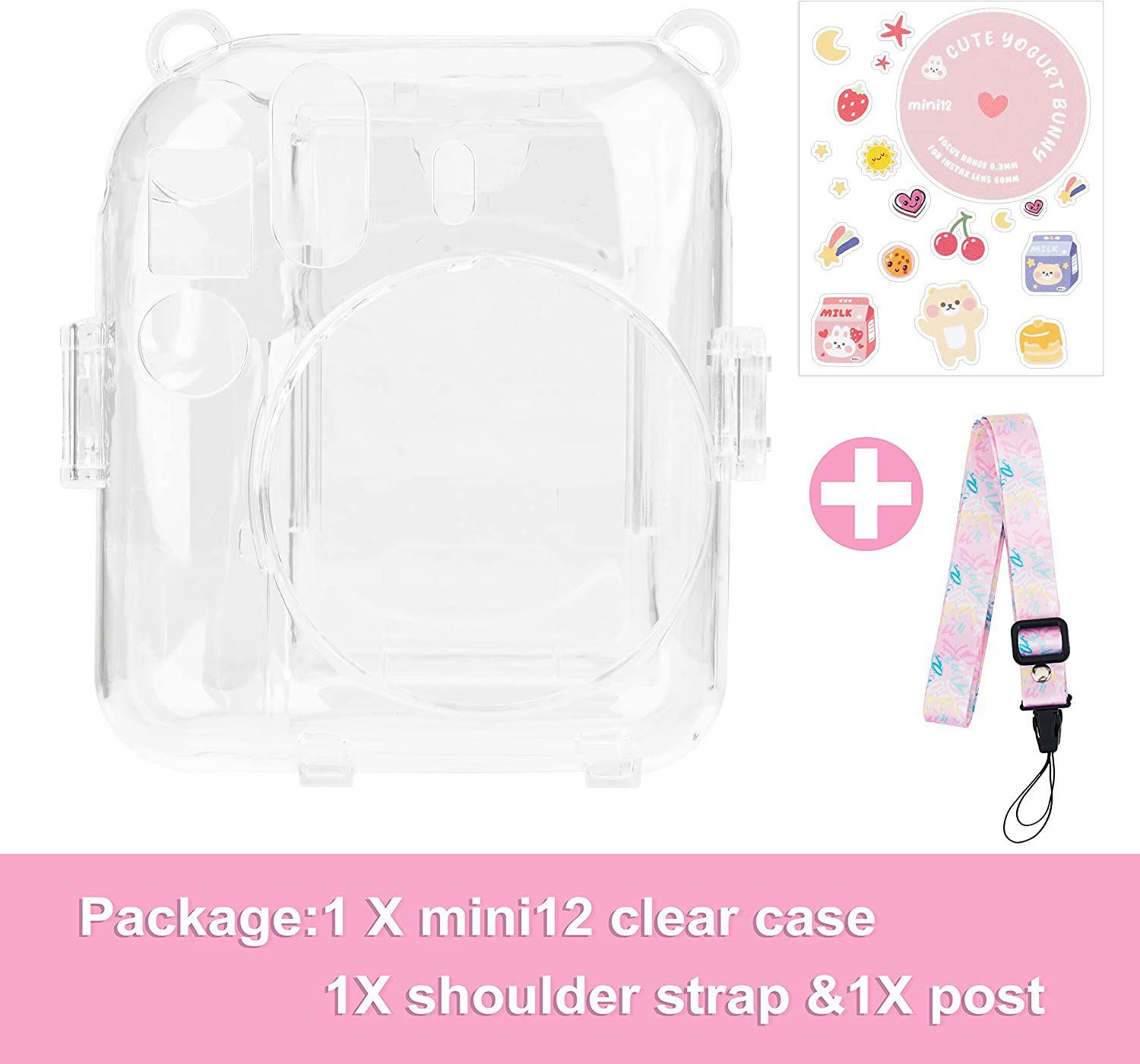 Zikkon Instax Mini 12 Blossom Pink Hard Carrying Protective Case with Shoulder Straps and Stickers Decoration SetCamera Bag