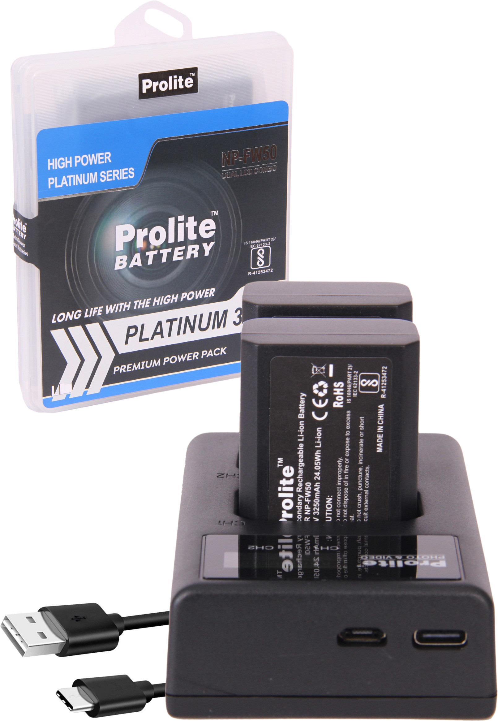 Prolite NP-FW50 Combo | 2 NP-FW50 Platinum Li-ion Camera Battery with 1 Dual LCD Camera Battery Charger image 1