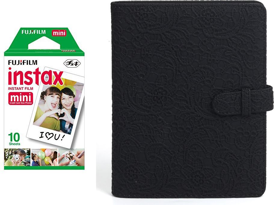FUJIFILM Instax Mini 10X1 Sheets Instant Film with 128-sheet Lockalbum Black Lace Film Roll