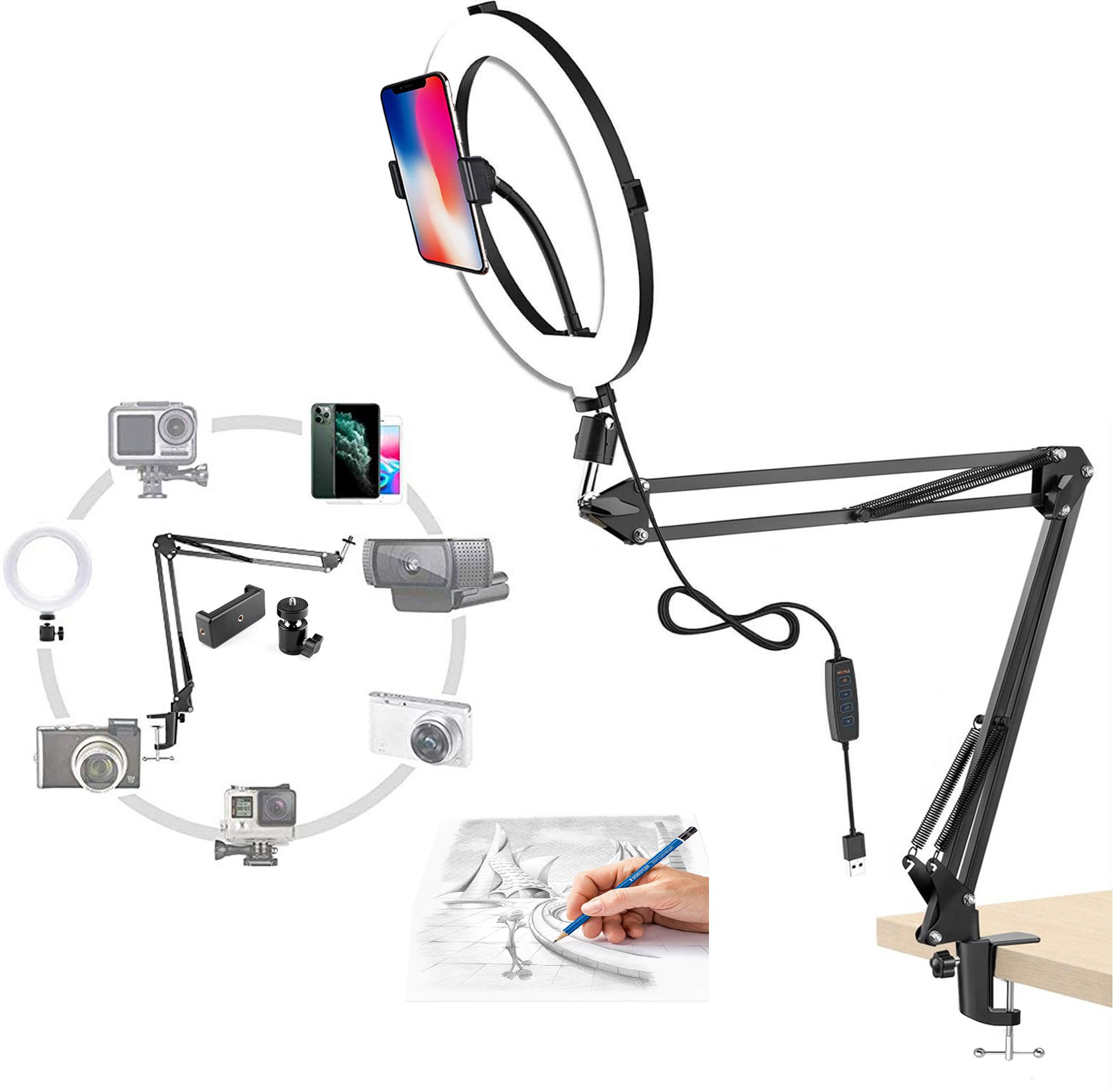 BROLAVIYA Overhead Shooting Stand with Ring Light & 1/4 Inch Adapter 200 lx Camera LED Light-picture-43