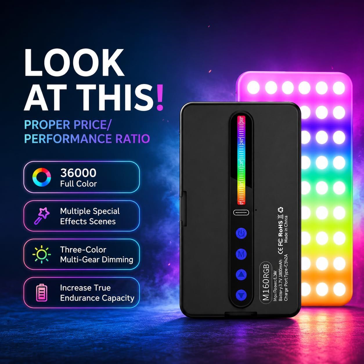 TRUDO M160 Portable RGB Fill Light for Camera, Phone & Vlogging Setup 1150 lx Camera LED Light-image-11