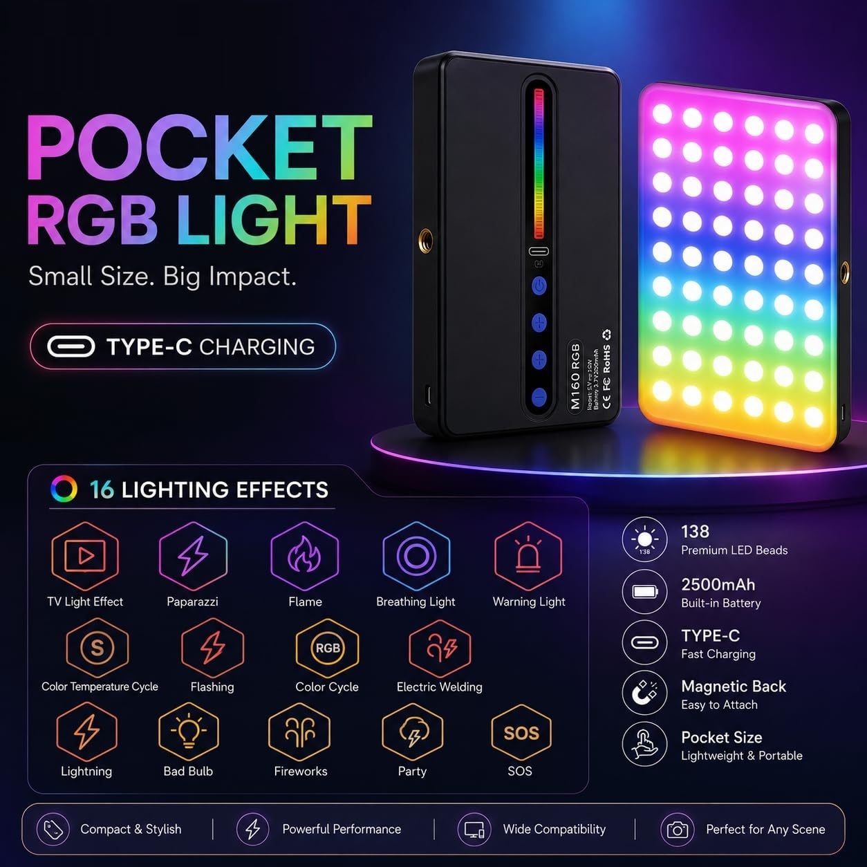WunderVoX M160 RGB LED Video Light for DSLR, Webcam & Smartphone Recording 1150 lx Camera LED Light-image-30