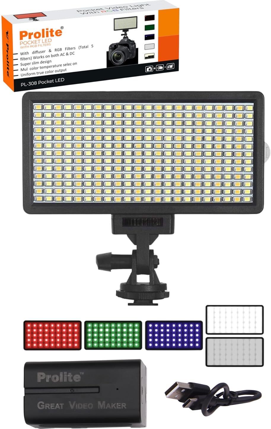 Prolite Bi-Color LED PL-308 Camera Video Light with R,G,B+2 Diffusers, Battery, Wire | 4400 lx Camera LED Light
