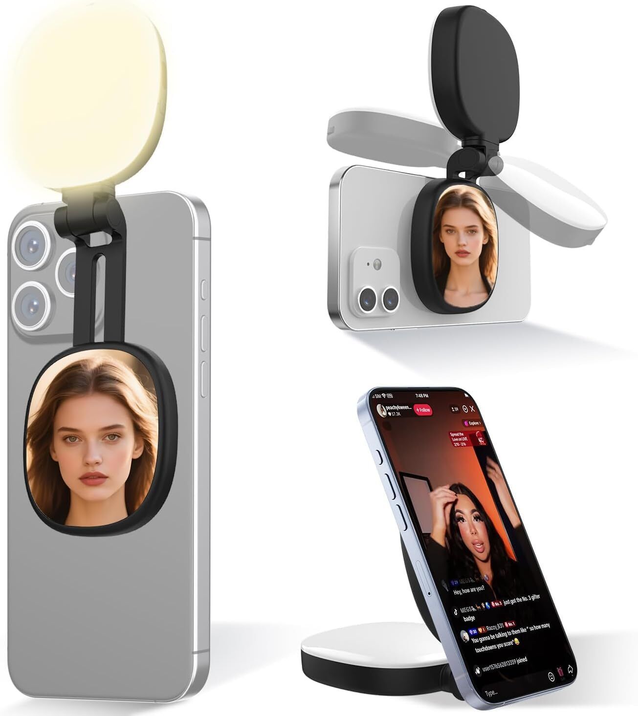 Clefairy Magnetic Selfie Light for iPhone, Portable Phone Light with a Mirror 1 lx Camera LED Light