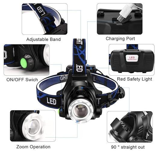 Rechargeable headlamp,6 LED 8 Modes 18650 USB Rechargeable Waterproof Flashlight Cam