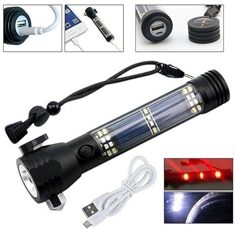 Aluminium 7 Mode Rechargeable Solar LED Torch Flashlight, Power Bank. Cam